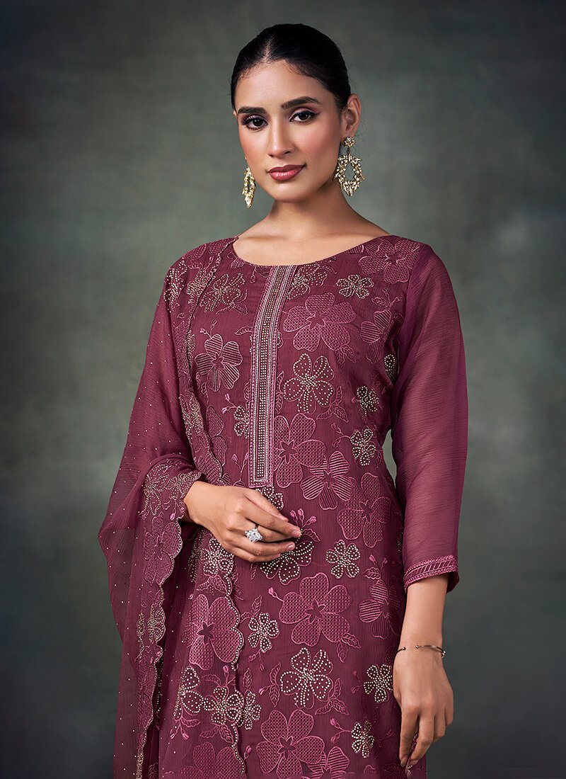 Look Stylish with Maroon Embroidered Chiffon Semi-Stitched Salwar Kameez Set image 2