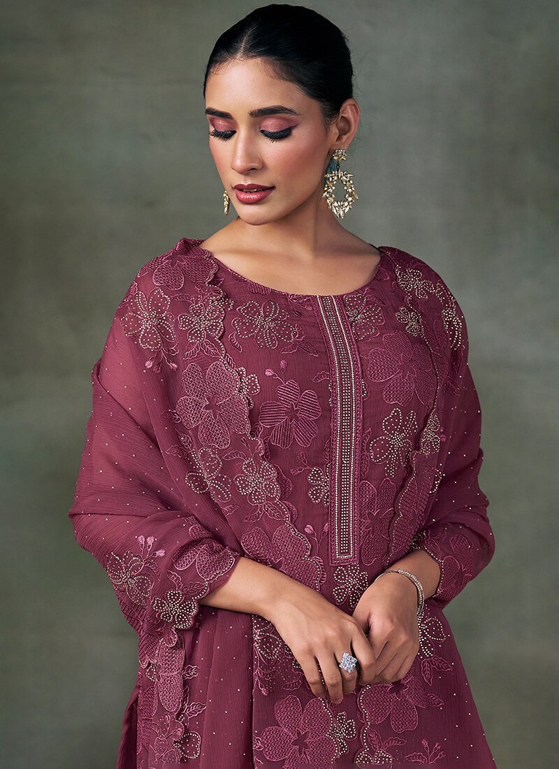 Look Stylish with Maroon Embroidered Chiffon Semi-Stitched Salwar Kameez Set image 3