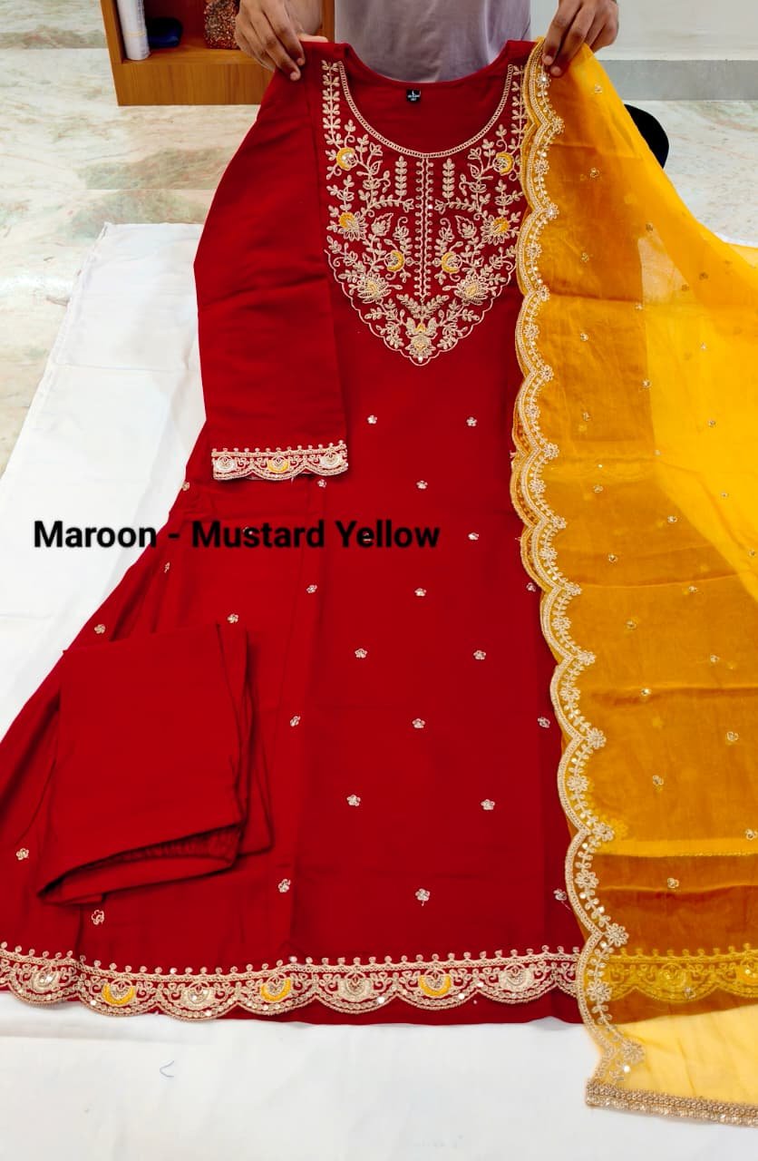 Experience elegance with a maroon Roman silk Anarkali suit paired with a contrasting organza dupatta. image 3