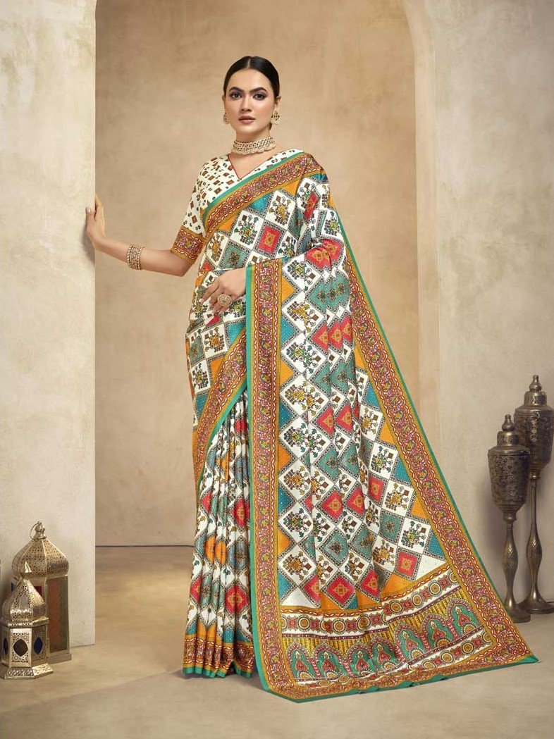 Experience the Elegance of a Multicolor Crape Saree with Foil Print and Blouse
