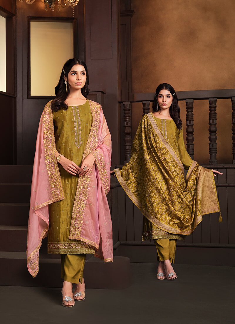 Brighten Your Look with Mustard Embroidered Chinnon Semi-Stitched Salwar Kameez Set with Two Dupattas