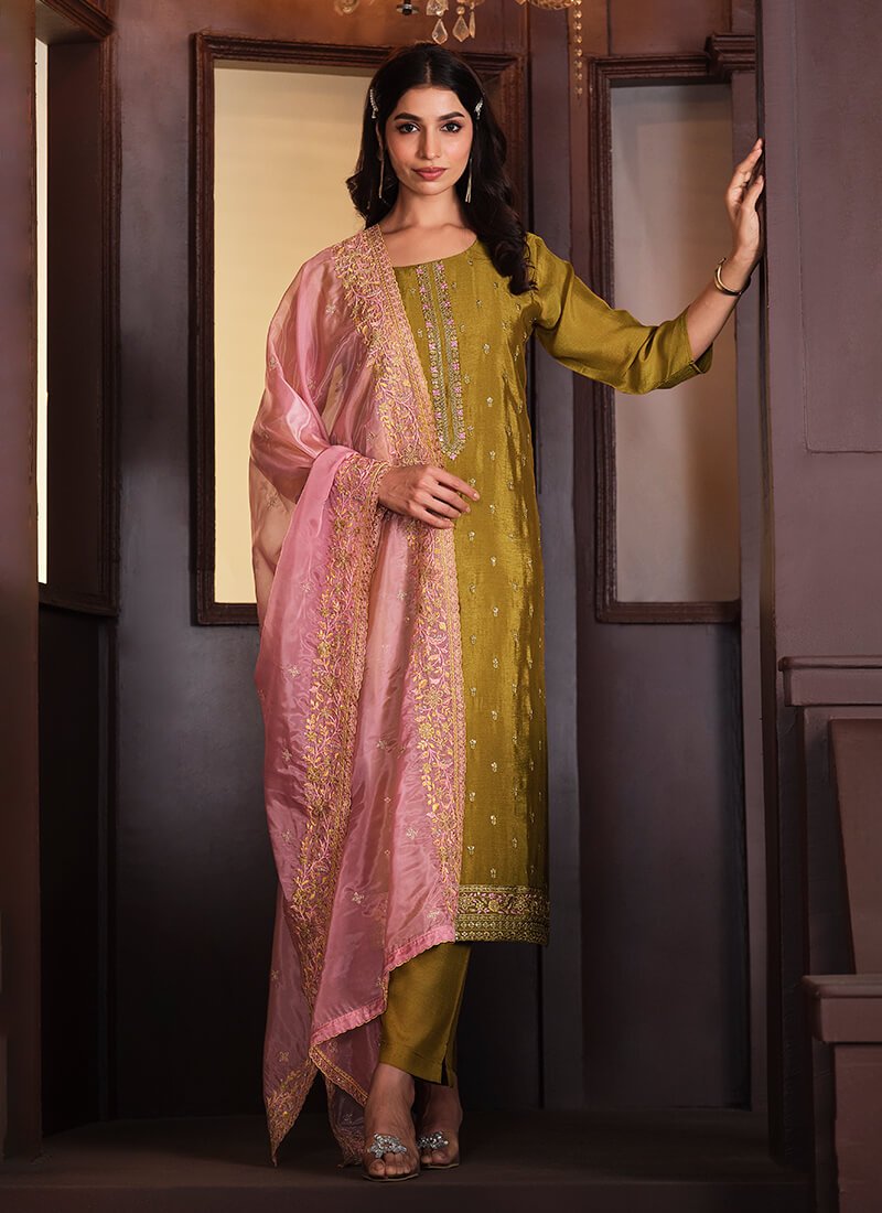 Brighten Your Look with Mustard Embroidered Chinnon Semi-Stitched Salwar Kameez Set with Two Dupattas image 2
