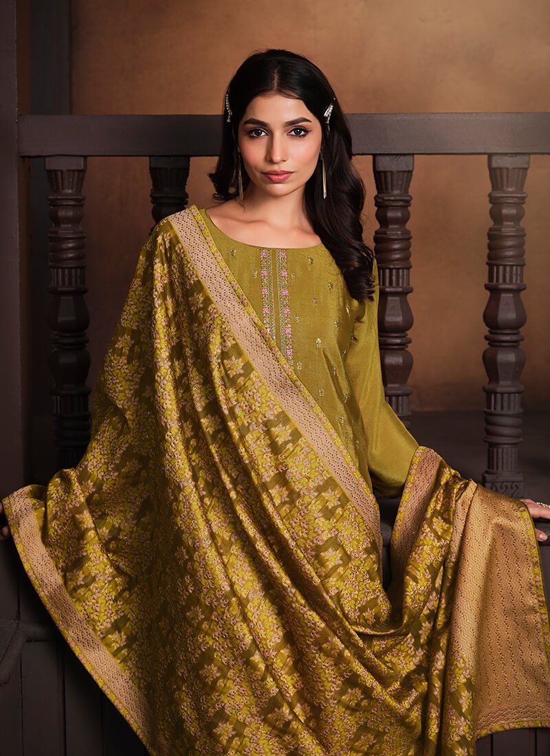 Brighten Your Look with Mustard Embroidered Chinnon Semi-Stitched Salwar Kameez Set with Two Dupattas image 3