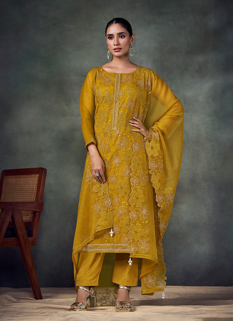 Look Stylish with Mustard Embroidered Chiffon Semi-Stitched Salwar Kameez Set