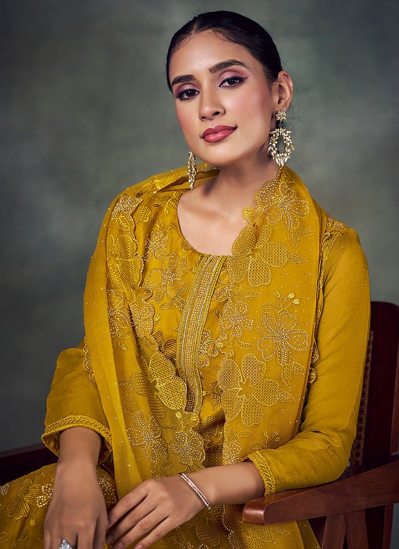 Look Stylish with Mustard Embroidered Chiffon Semi-Stitched Salwar Kameez Set image 2