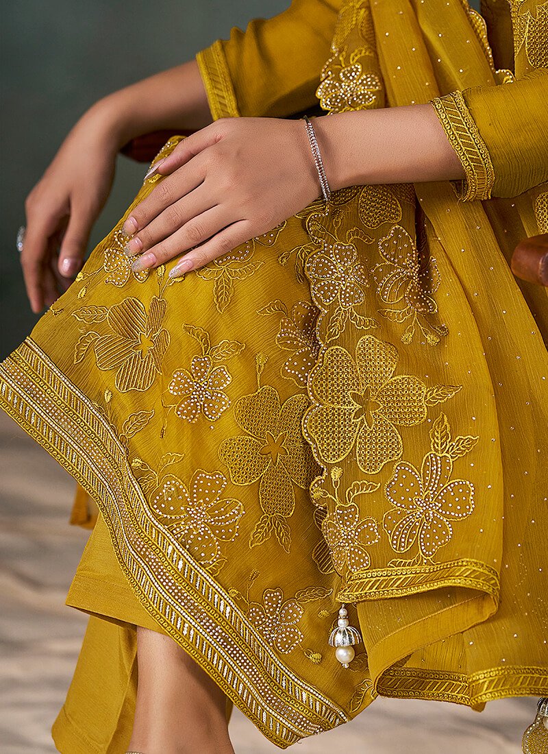 Look Stylish with Mustard Embroidered Chiffon Semi-Stitched Salwar Kameez Set image 3