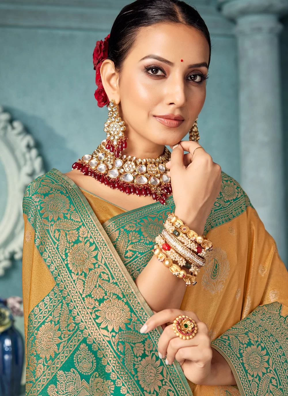 Experience the Elegance of a Mustard Silk Saree with Beautiful Weaving Work image 2