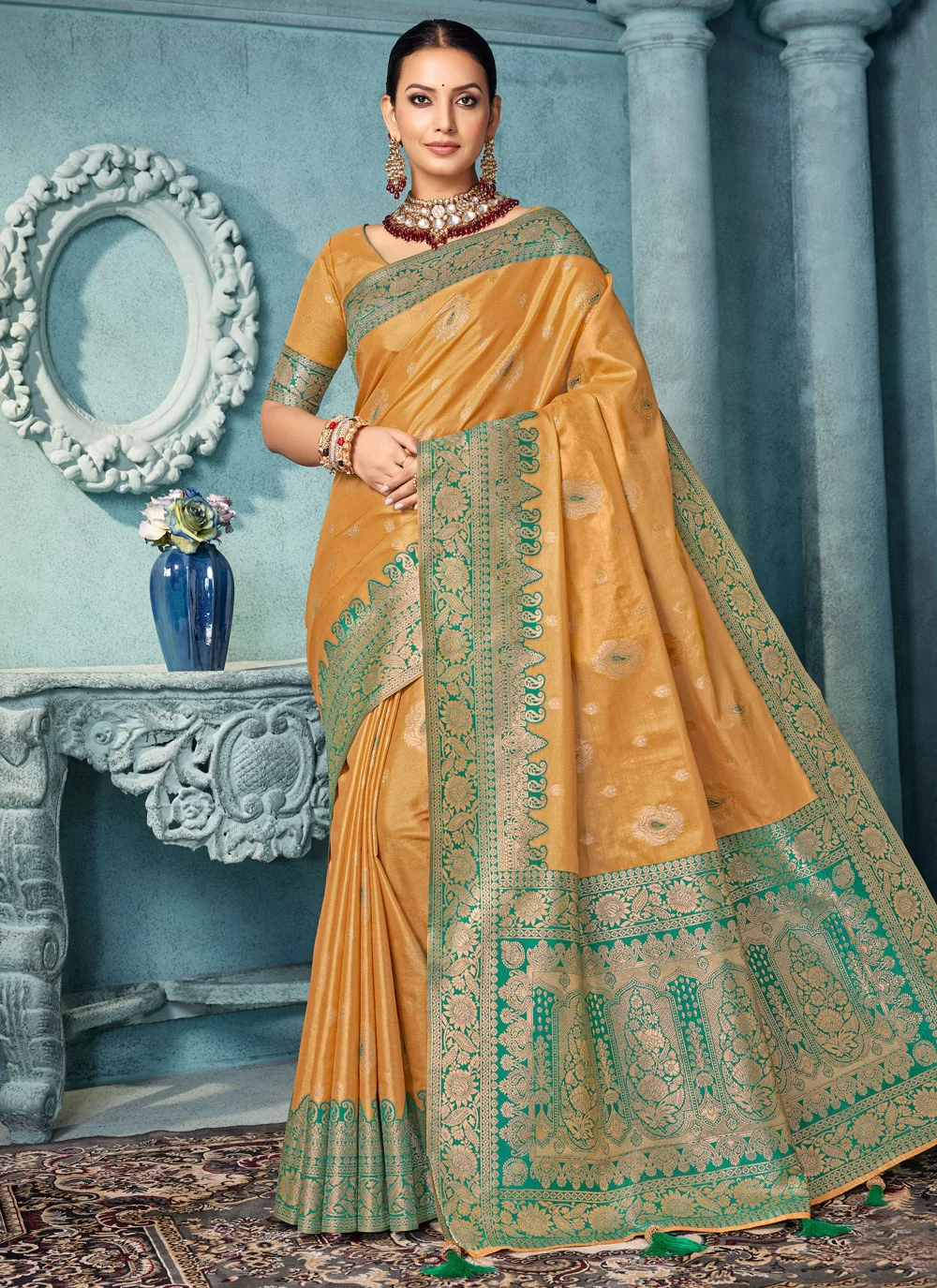 Experience the Elegance of a Mustard Silk Saree with Beautiful Weaving Work
