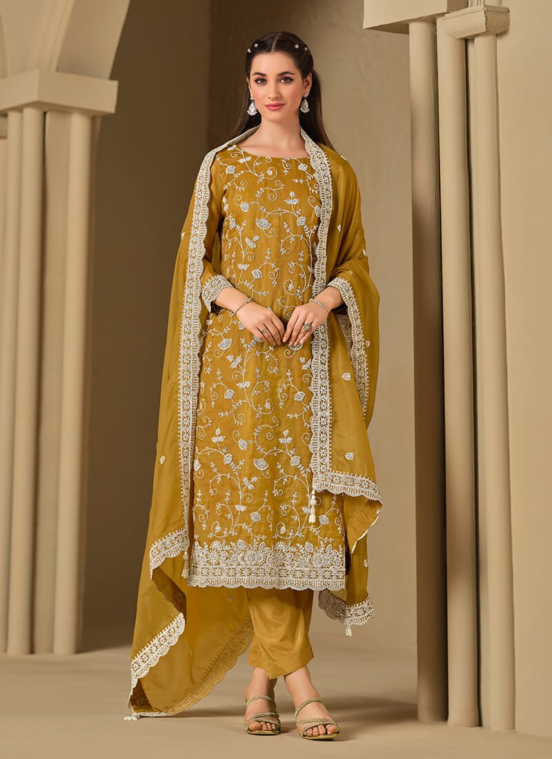 Enhance Your Look with the Mustrad Embroidered Swarovski Organza Semi-Stitched Salwar Kameez Set