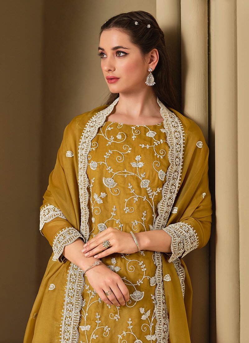 Enhance Your Look with the Mustrad Embroidered Swarovski Organza Semi-Stitched Salwar Kameez Set image 2