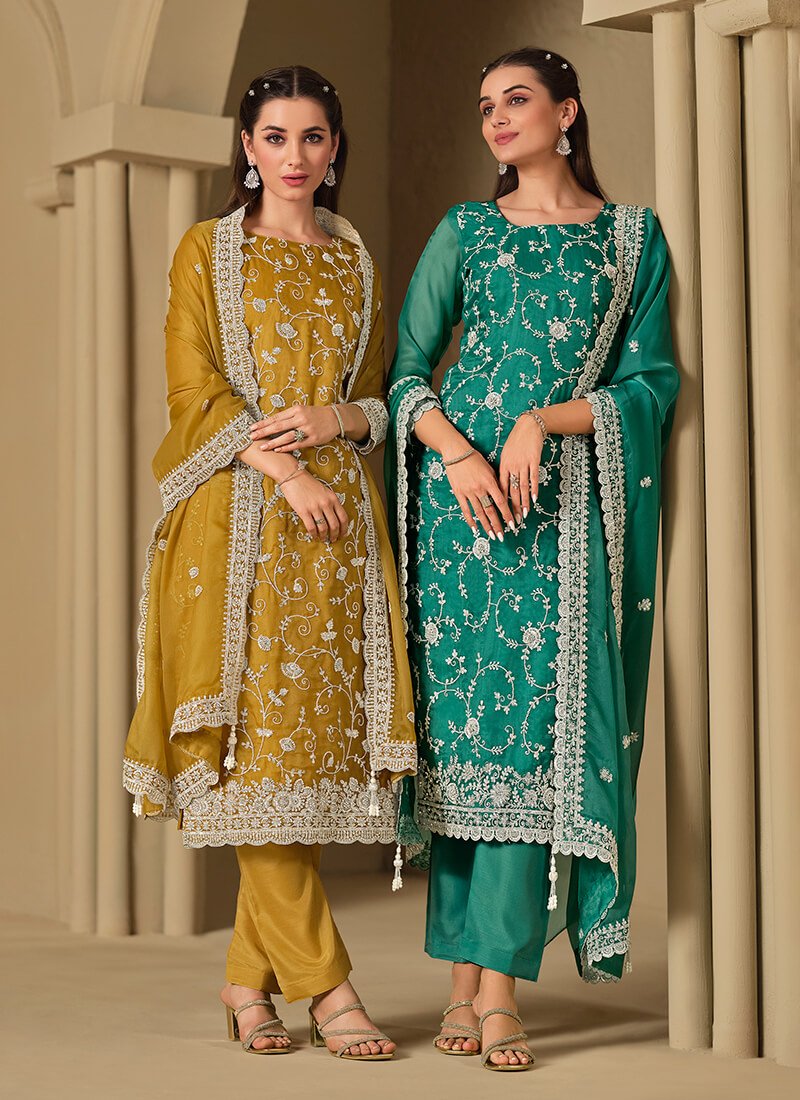 Enhance Your Look with the Mustrad Embroidered Swarovski Organza Semi-Stitched Salwar Kameez Set image 4