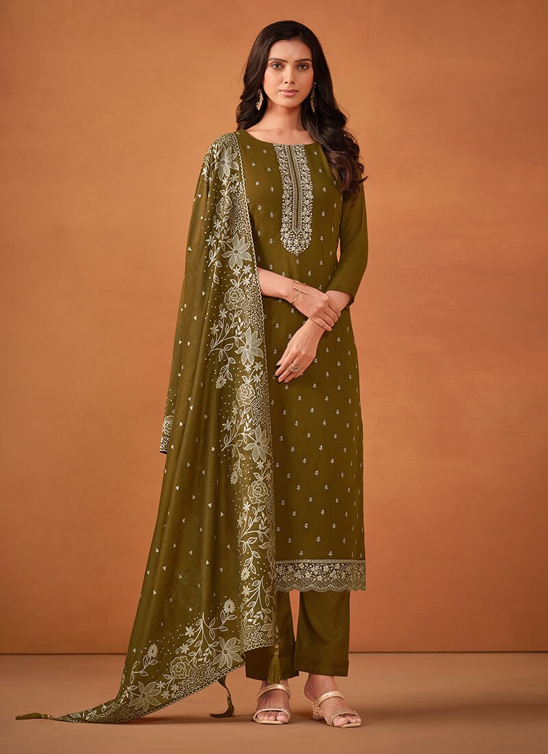 Brighten your look with an Olive Green Embroidered Georgette Semi-Stitched Salwar Kameez Set.
