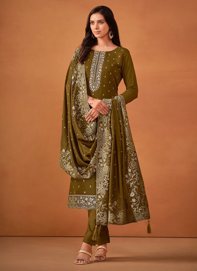Brighten your look with an Olive Green Embroidered Georgette Semi-Stitched Salwar Kameez Set. image 2