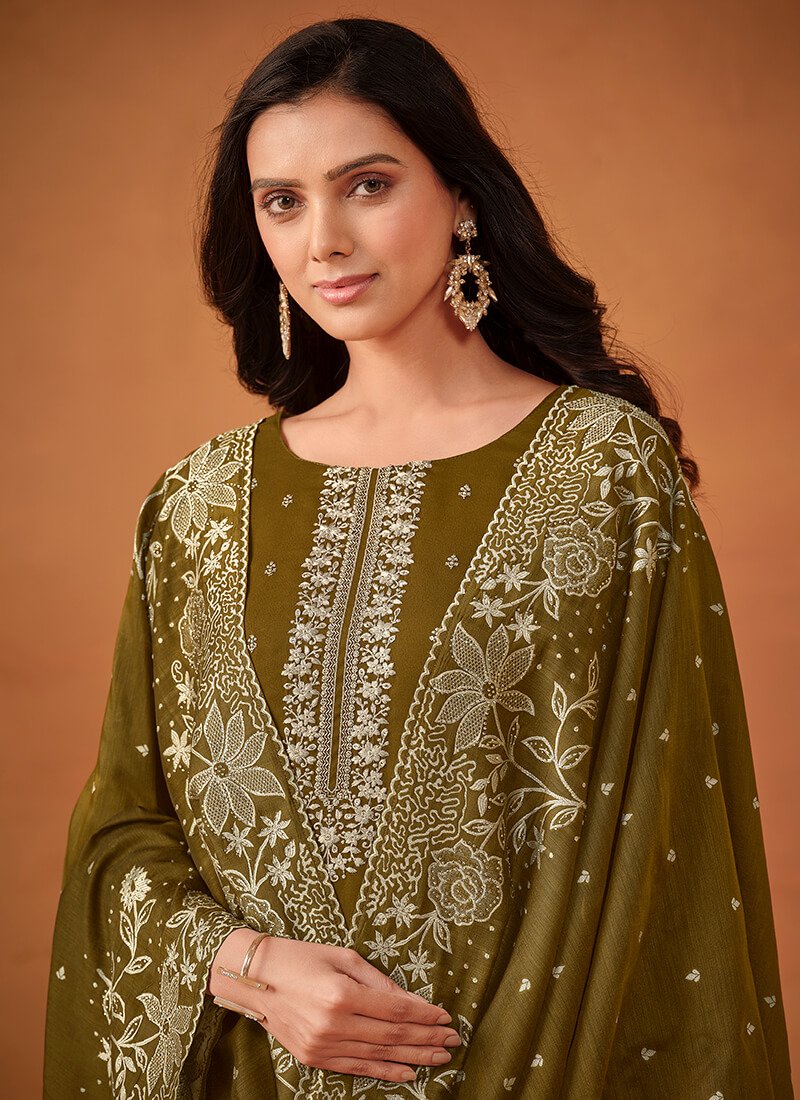 Brighten your look with an Olive Green Embroidered Georgette Semi-Stitched Salwar Kameez Set. image 3