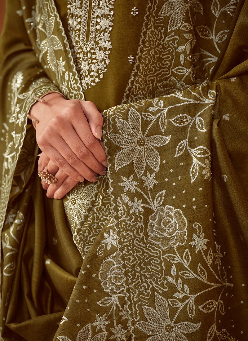 Brighten your look with an Olive Green Embroidered Georgette Semi-Stitched Salwar Kameez Set. image 4