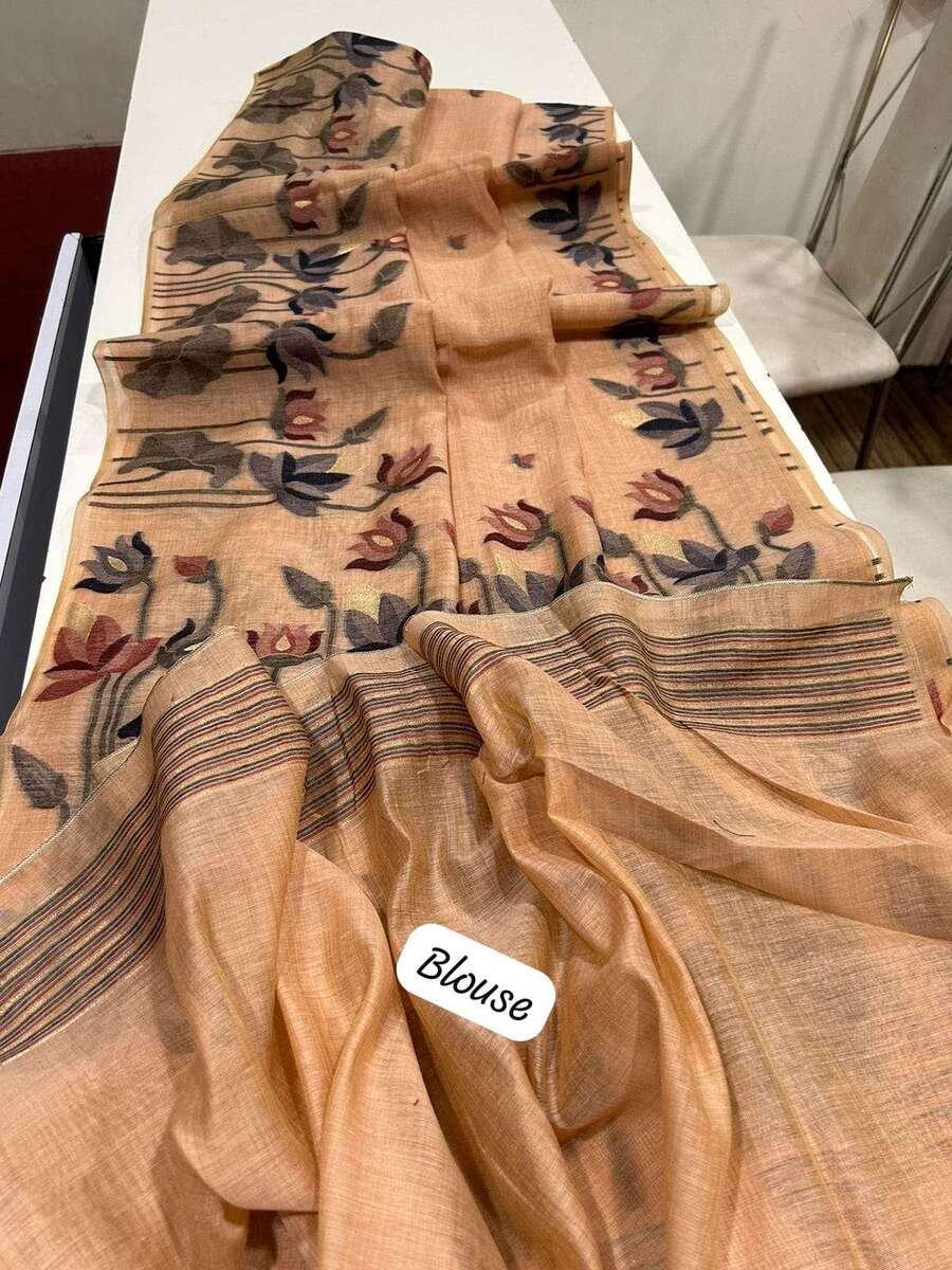 Experience elegance with the Beige Muga Cotton Saree and Blouse. image 2