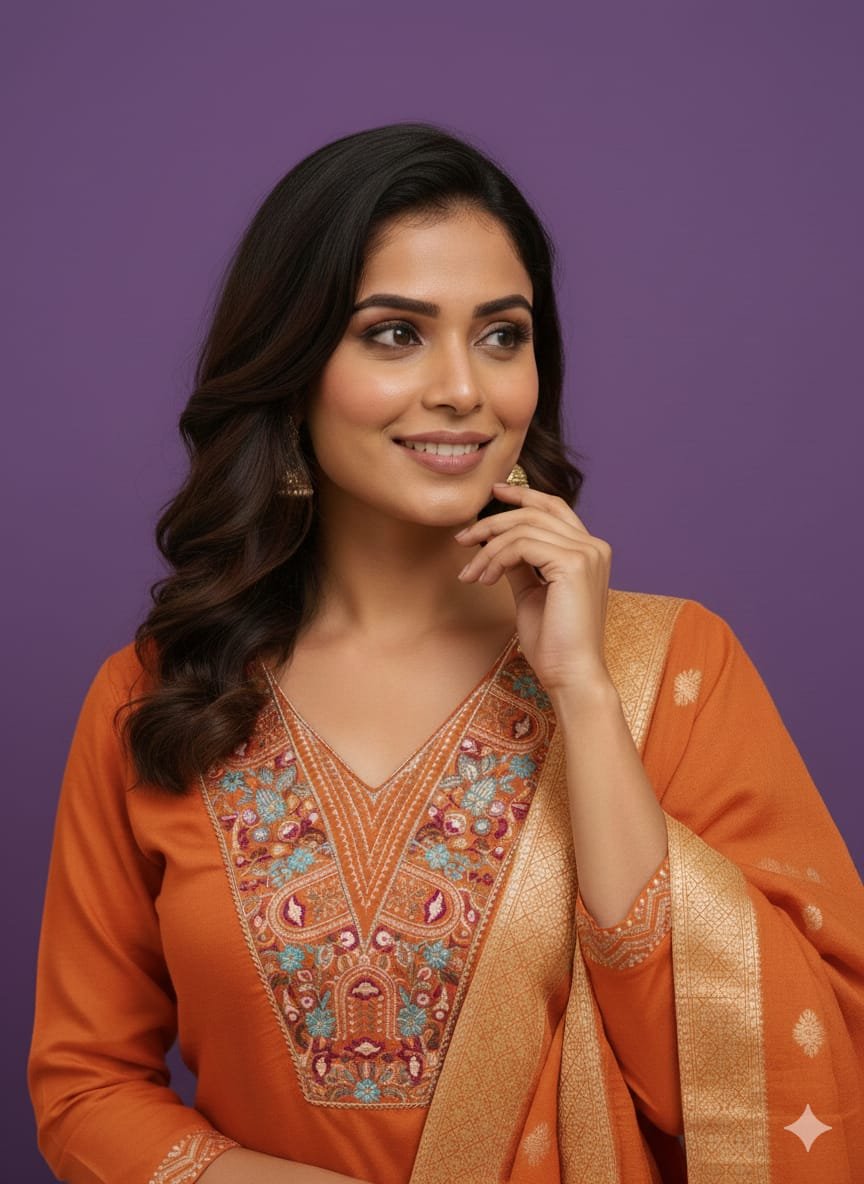 Look Stylish with Orange Roman Silk Embroidered Suit Set and Chanderi Zacquard Dupatta image 2
