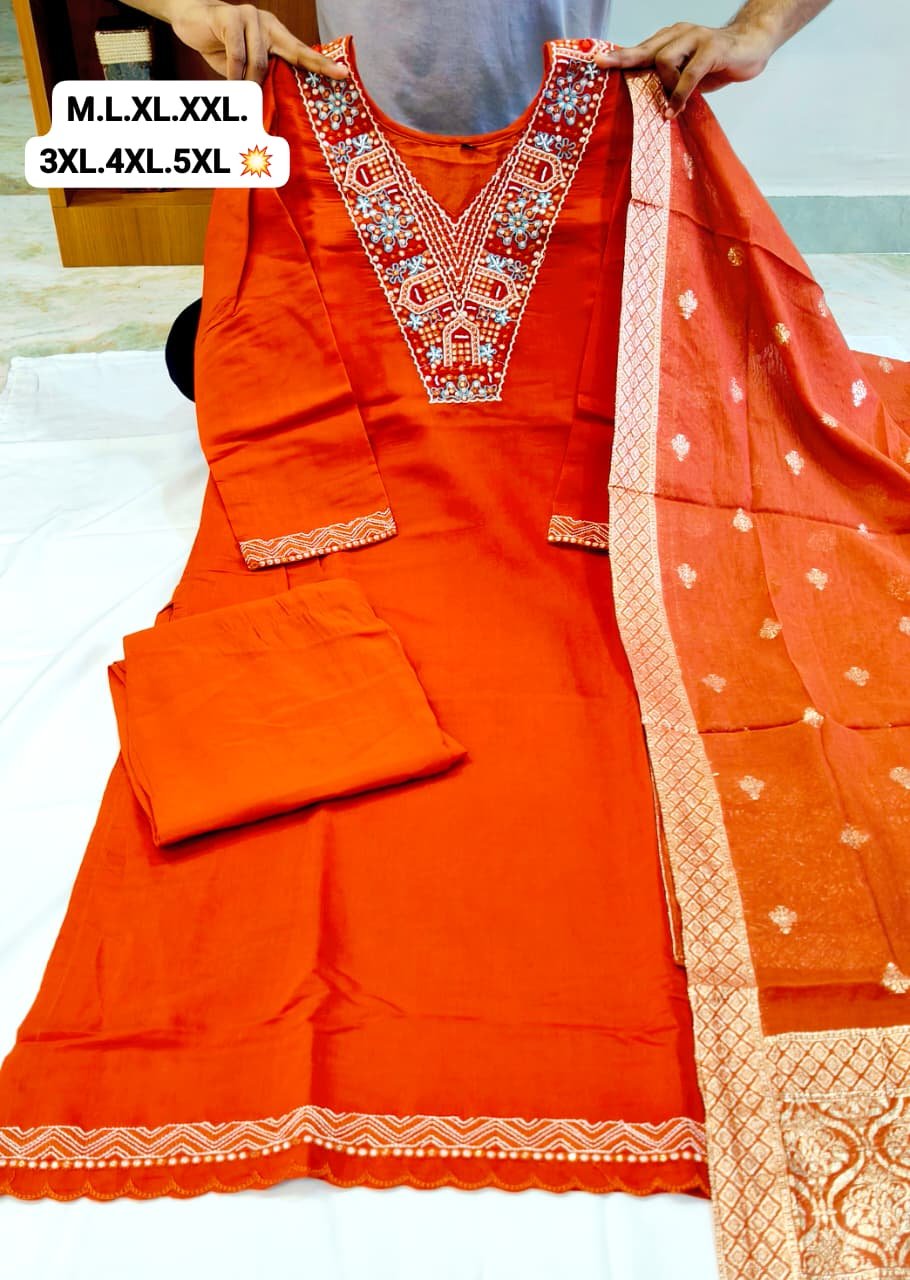 Look Stylish with Orange Roman Silk Embroidered Suit Set and Chanderi Zacquard Dupatta image 3