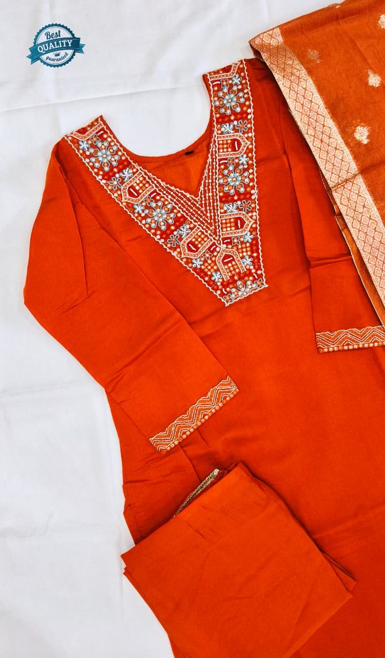 Look Stylish with Orange Roman Silk Embroidered Suit Set and Chanderi Zacquard Dupatta image 4