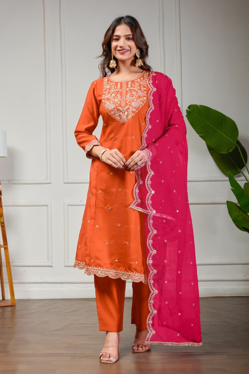 Enhance Your Look with the Orange Roman Silk Anarkali Suit and Contrasting Organza Dupatta