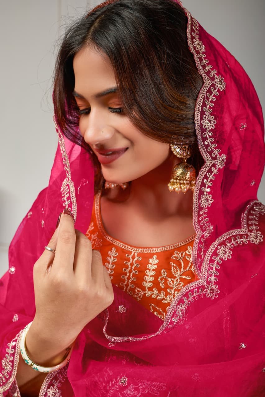 Enhance Your Look with the Orange Roman Silk Anarkali Suit and Contrasting Organza Dupatta image 2