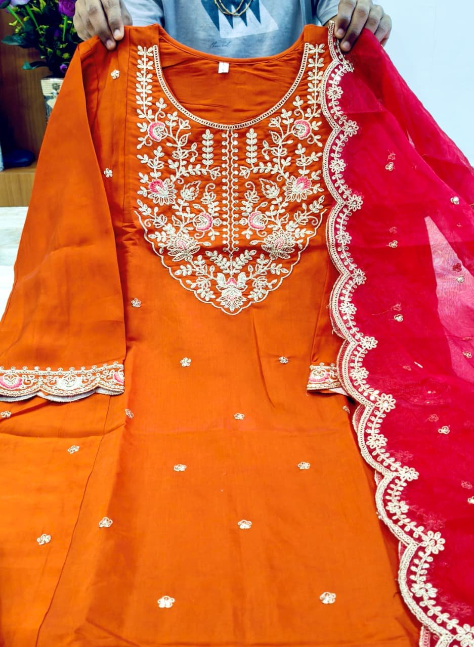 Enhance Your Look with the Orange Roman Silk Anarkali Suit and Contrasting Organza Dupatta image 3