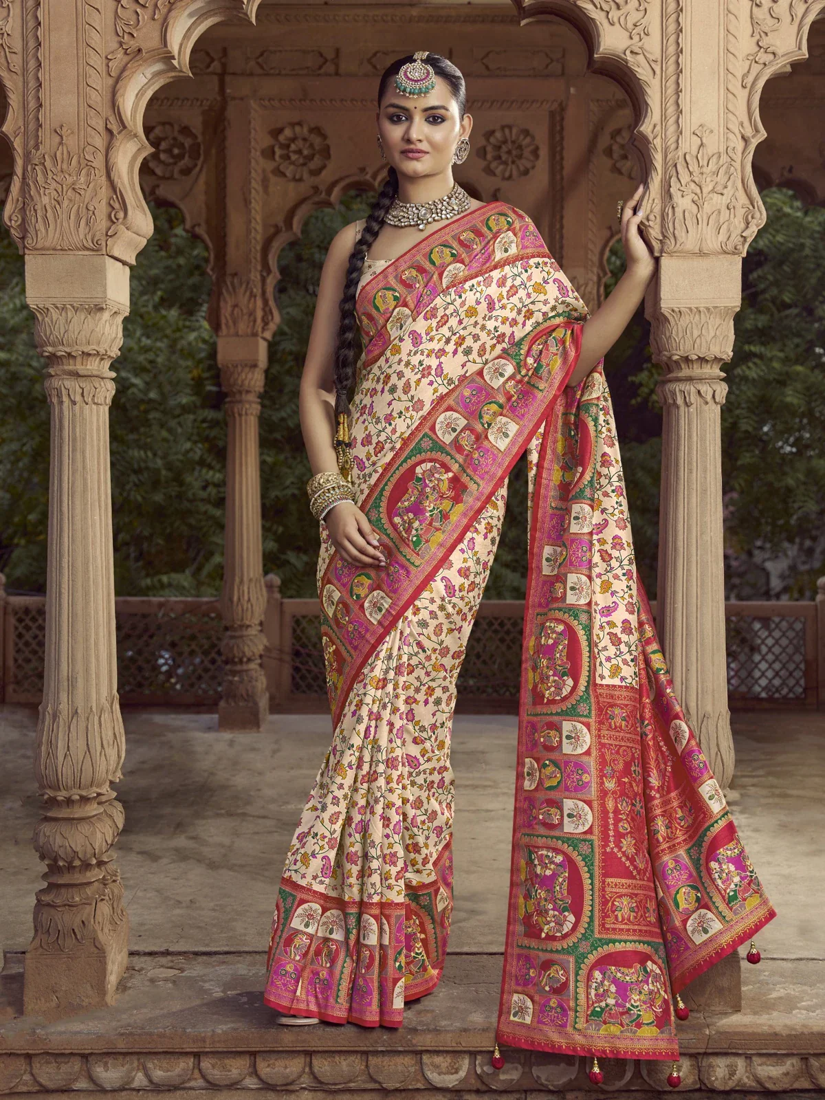 Get Ready to Shine with the Off White Pashmina Printed Viscose Silk Saree and Blouse