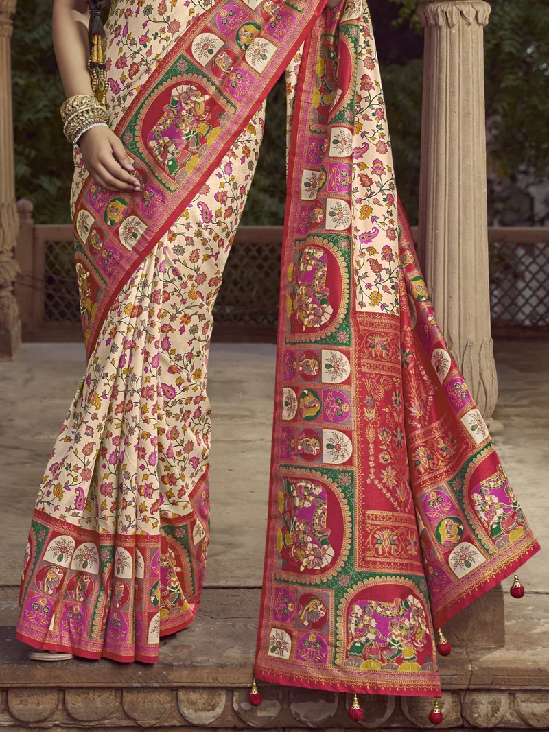 Get Ready to Shine with the Off White Pashmina Printed Viscose Silk Saree and Blouse image 2