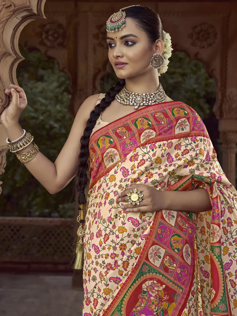 Get Ready to Shine with the Off White Pashmina Printed Viscose Silk Saree and Blouse image 3