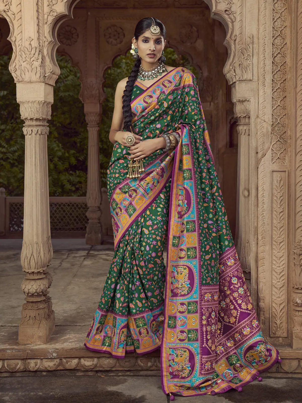 Improve Your Style with a Green Pashmina Printed Viscose Silk Saree and Blouse