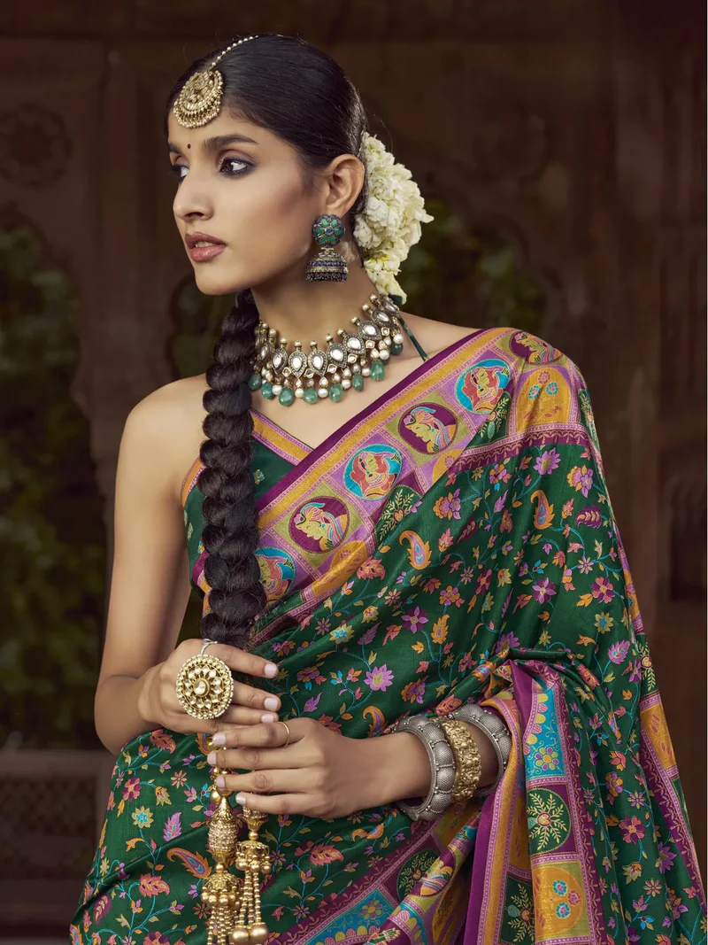 Improve Your Style with a Green Pashmina Printed Viscose Silk Saree and Blouse image 2