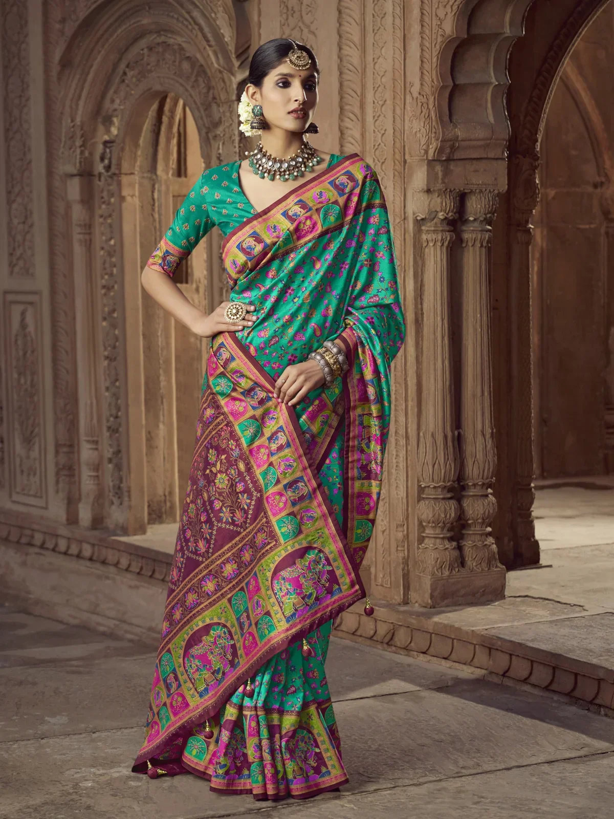 Shine Bright in a Green Pashmina Printed Viscose Silk Saree with Blouse