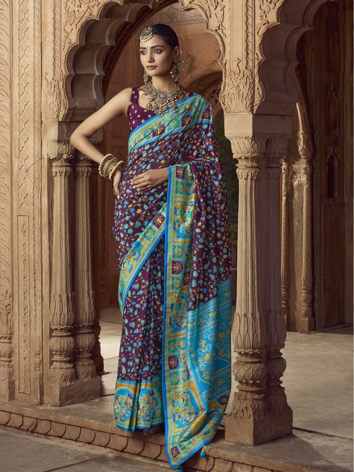 Look Stylish in a Purple Pashmina Printed Viscose Silk Saree with Blouse
