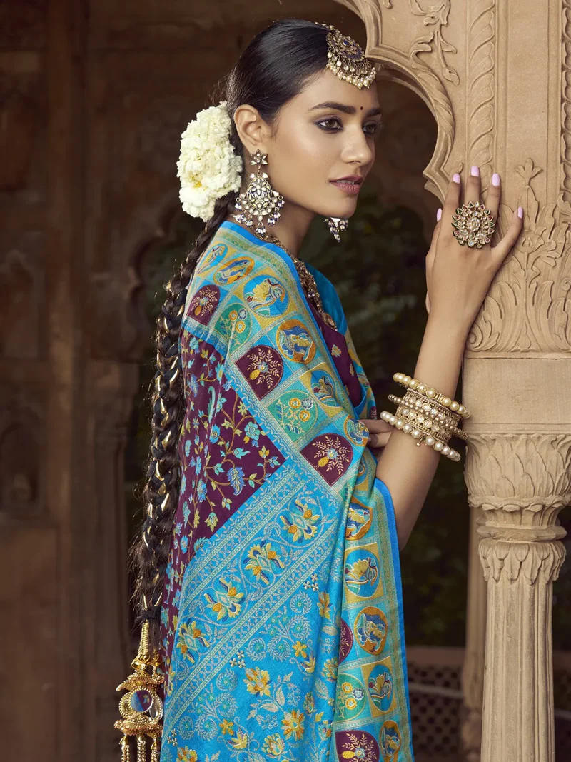 Look Stylish in a Purple Pashmina Printed Viscose Silk Saree with Blouse image 3