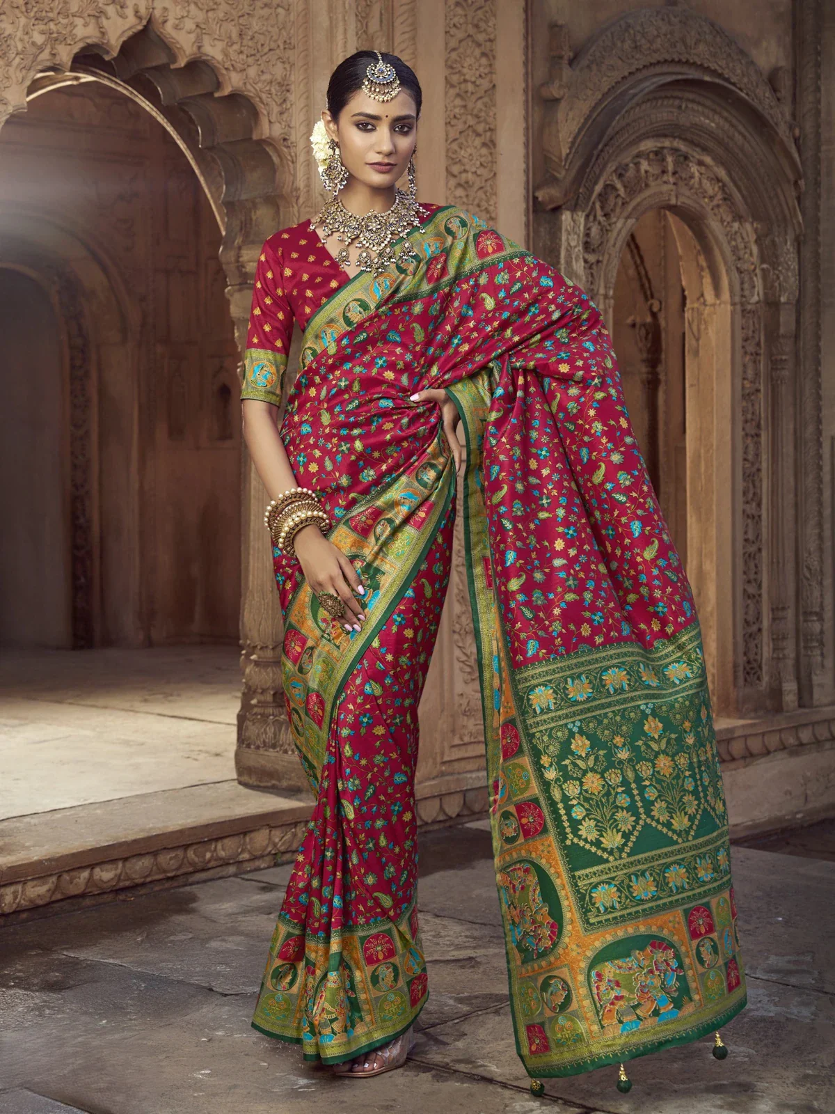 Experience the elegance of the Red Pashmina Printed Viscose Silk Saree with Blouse.