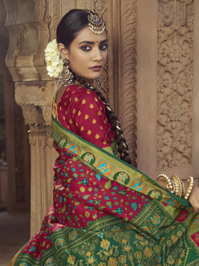 Experience the elegance of the Red Pashmina Printed Viscose Silk Saree with Blouse. image 2