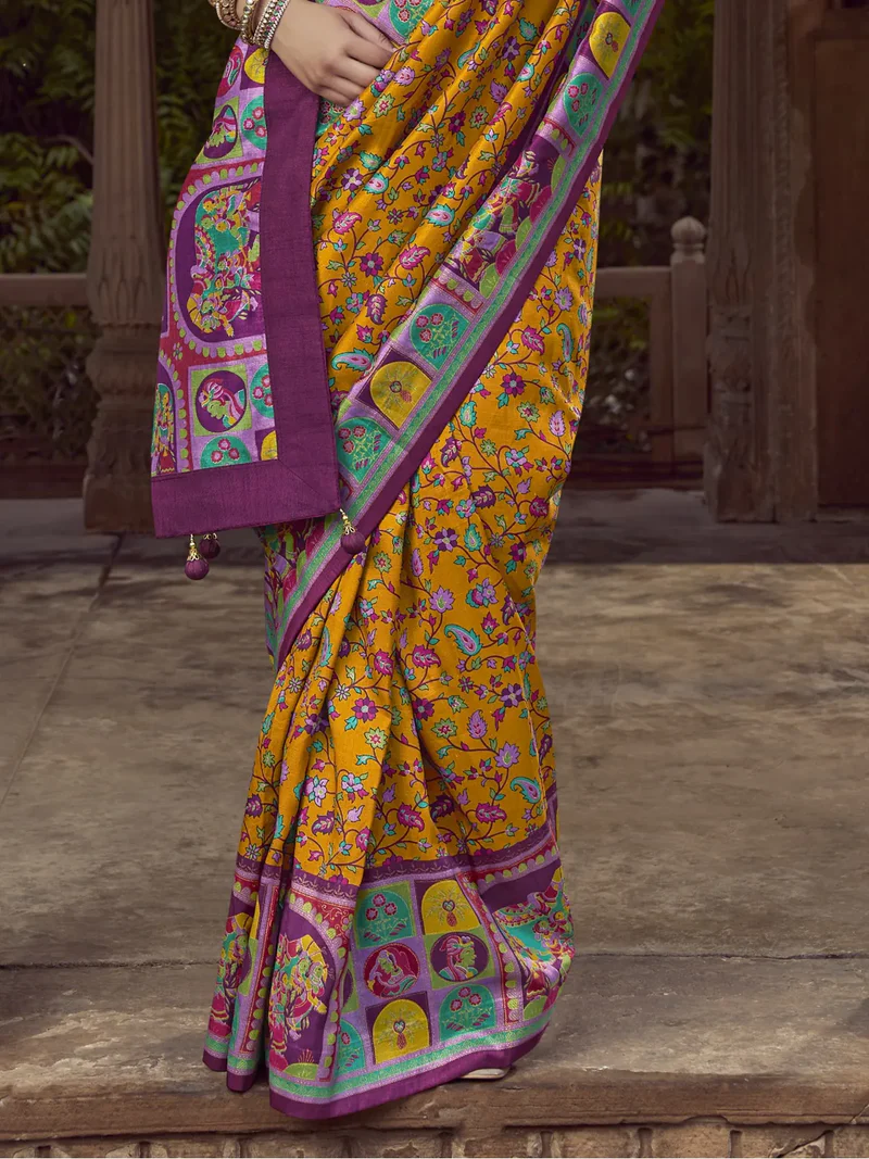 Glow and sparkle with a Yellow Pashmina Printed Viscose Silk Saree and Blouse. image 2