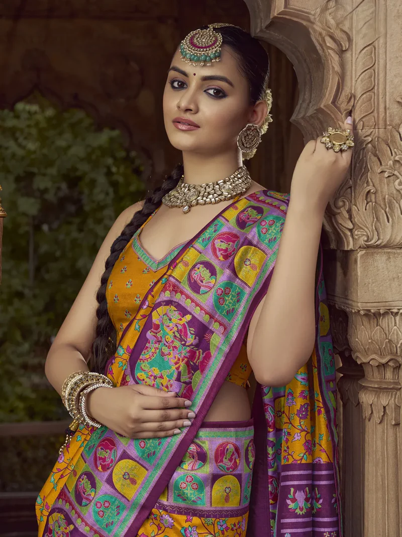 Glow and sparkle with a Yellow Pashmina Printed Viscose Silk Saree and Blouse. image 3