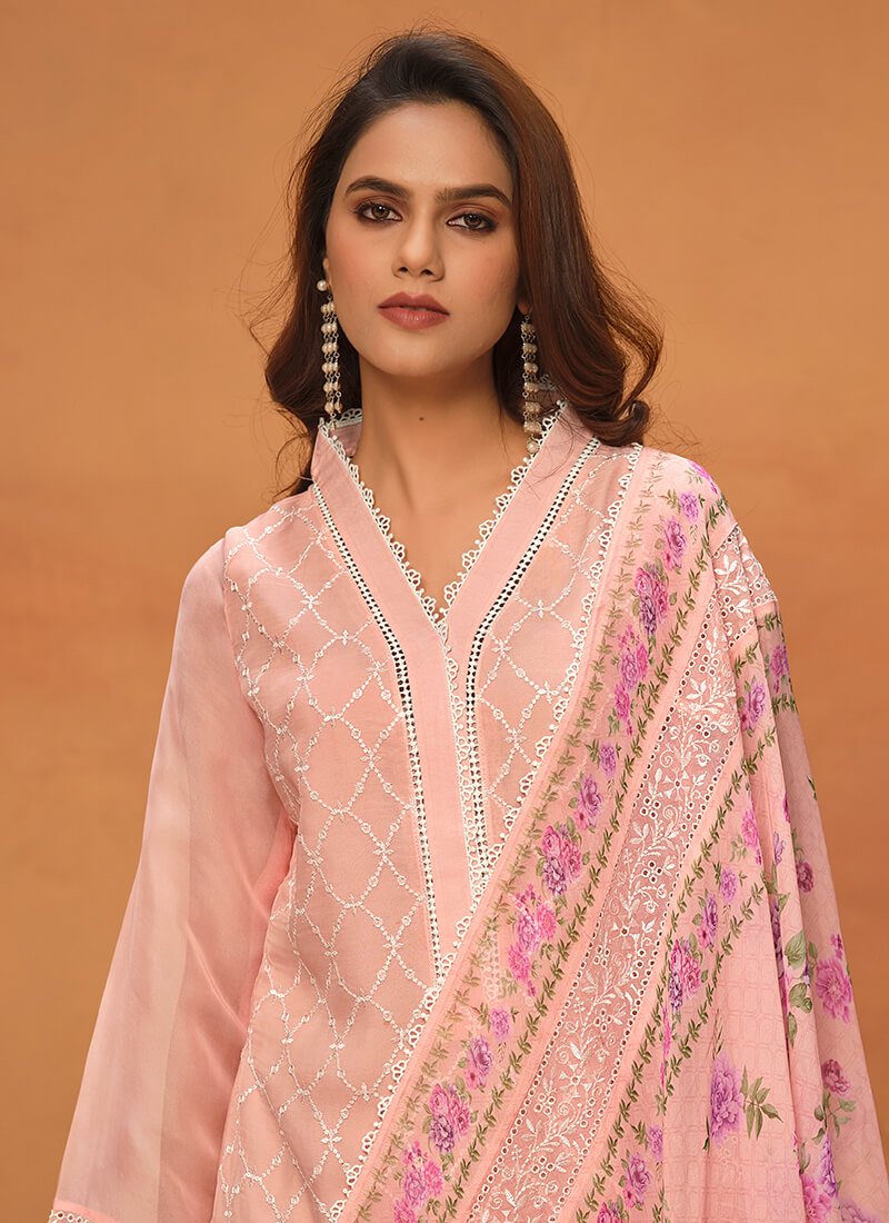 Look fabulous with the Peach Chikankari Viscose Organza Semi-Stitched Salwar Kameez Set. image 2