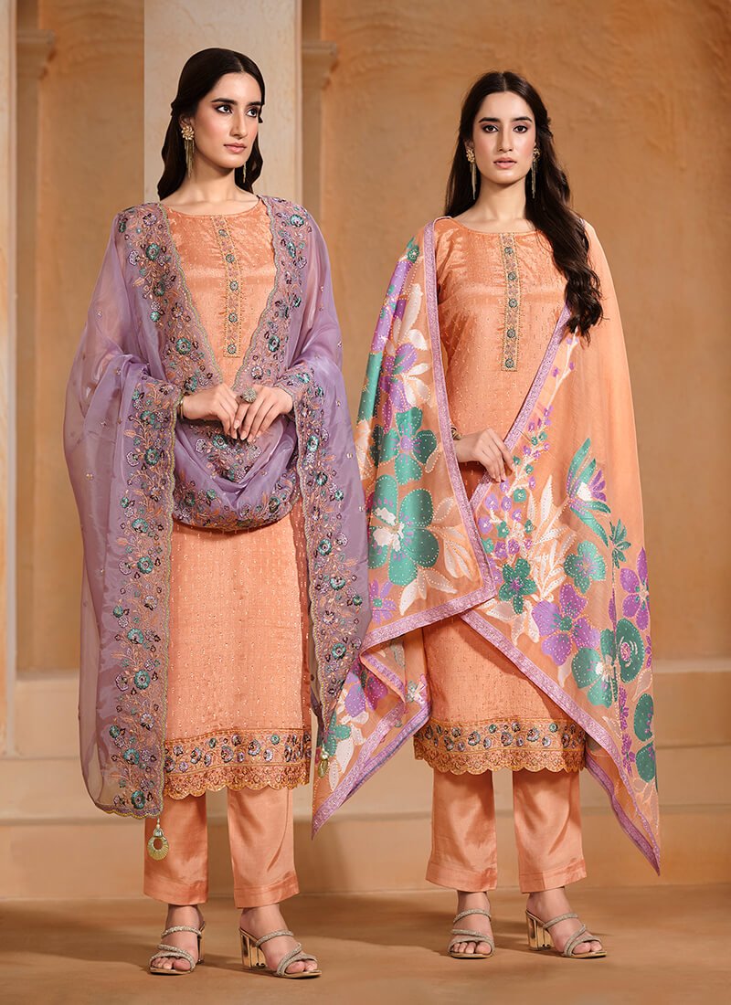 Enhance Your Look with a Peach Embroidered Chinnon Semi-Stitched Salwar Kameez Set with Double Dupatta