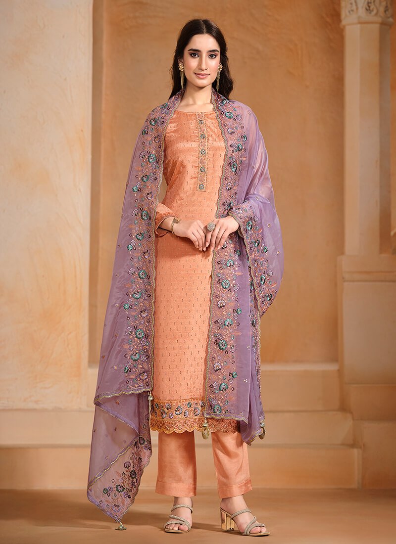 Enhance Your Look with a Peach Embroidered Chinnon Semi-Stitched Salwar Kameez Set with Double Dupatta image 2