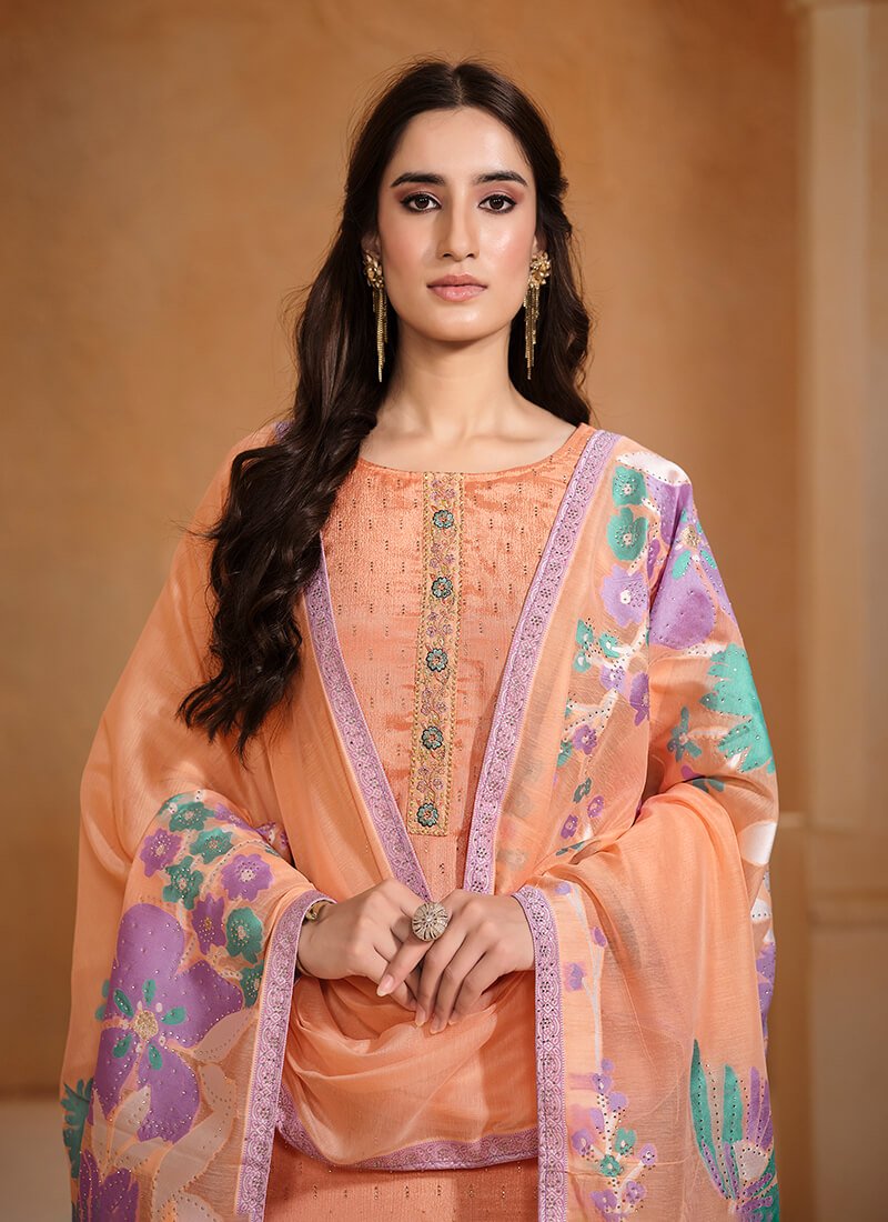 Enhance Your Look with a Peach Embroidered Chinnon Semi-Stitched Salwar Kameez Set with Double Dupatta image 3