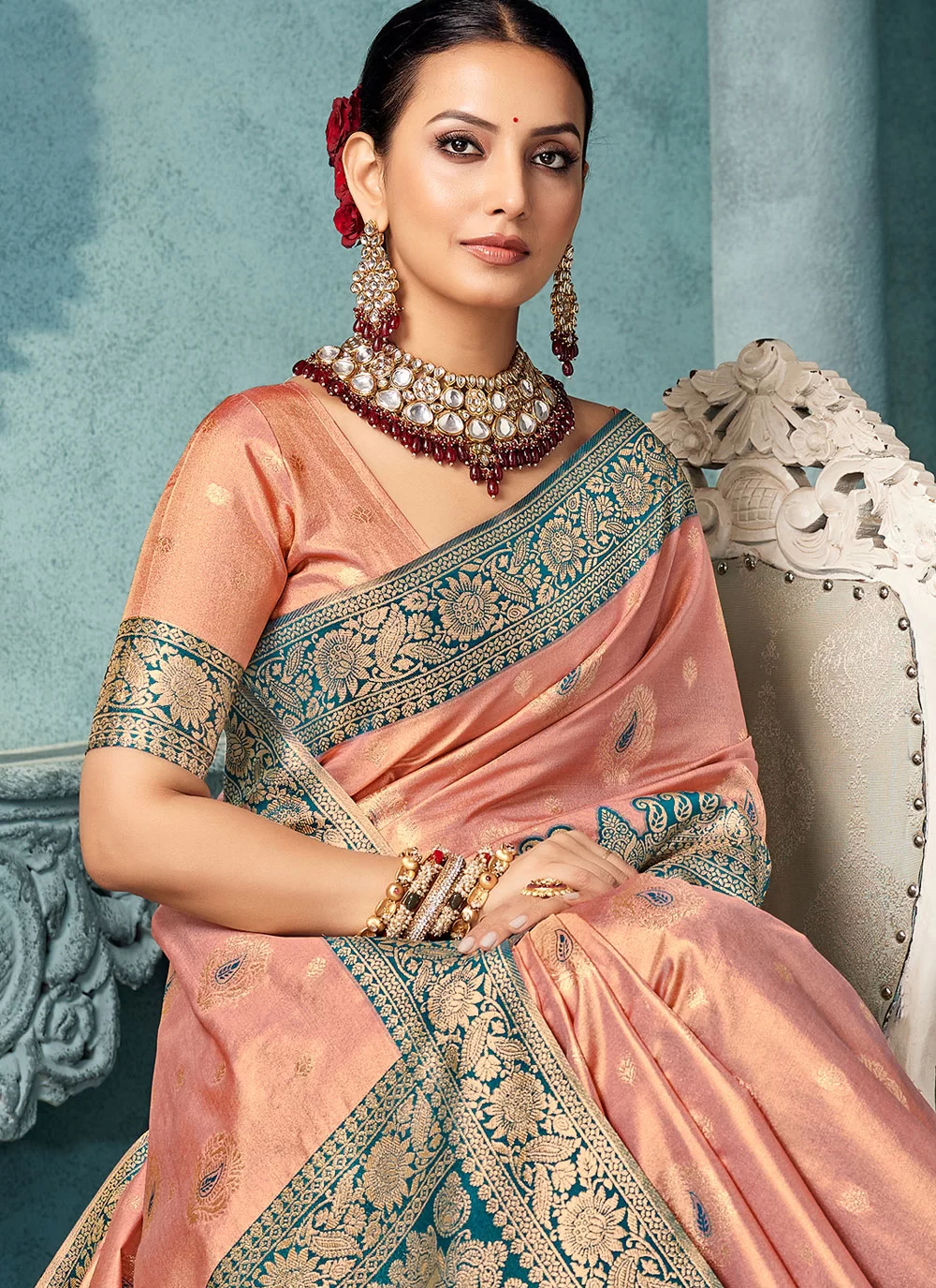 Shine Bright in a Peach Silk Saree with Beautiful Weaving Work image 2