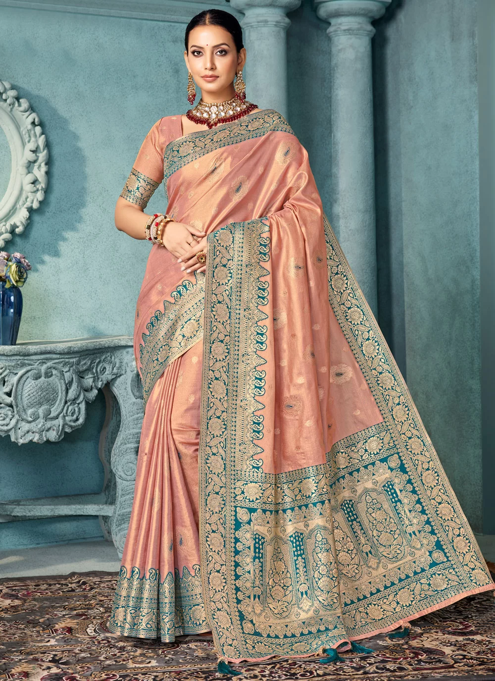Shine Bright in a Peach Silk Saree with Beautiful Weaving Work