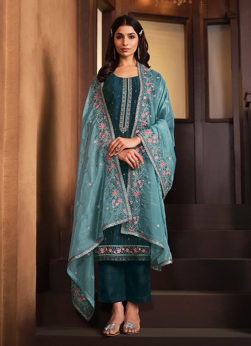 Feel fabulous in the Kerosene Blue Embroidered Chinnon Semi-Stitched Salwar Kameez Set with Double Dupatta. image 2