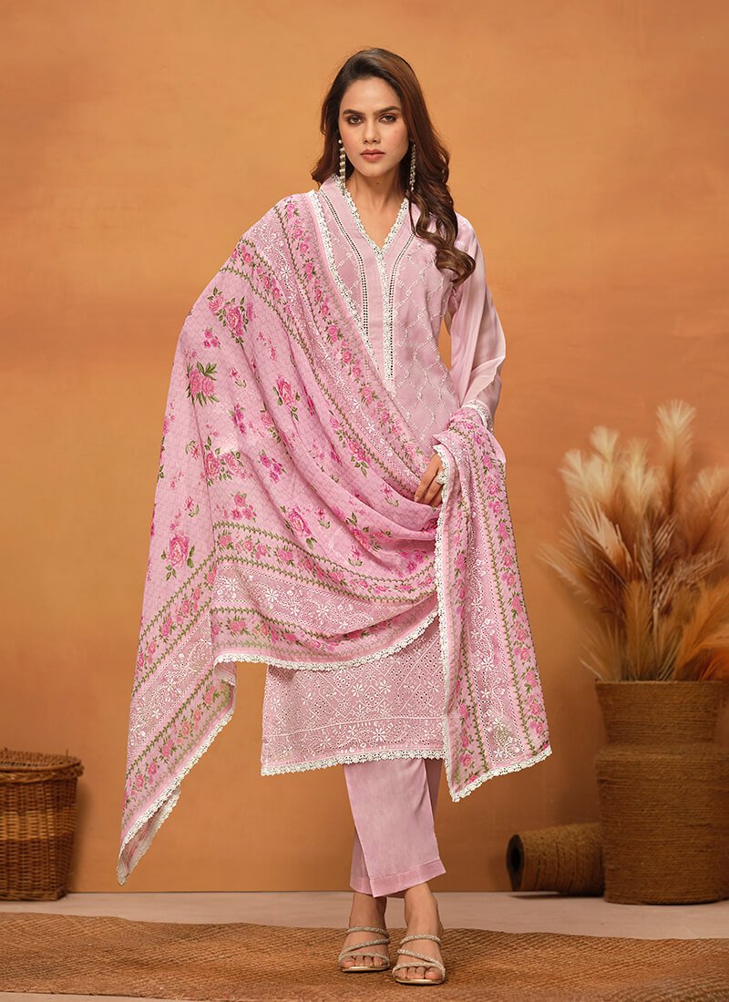 Upgrade your style with a Pink Chikankari Viscose Organza Semi-Stitched Salwar Kameez Set.