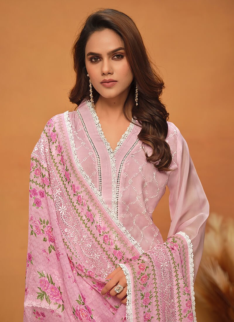 Upgrade your style with a Pink Chikankari Viscose Organza Semi-Stitched Salwar Kameez Set. image 2
