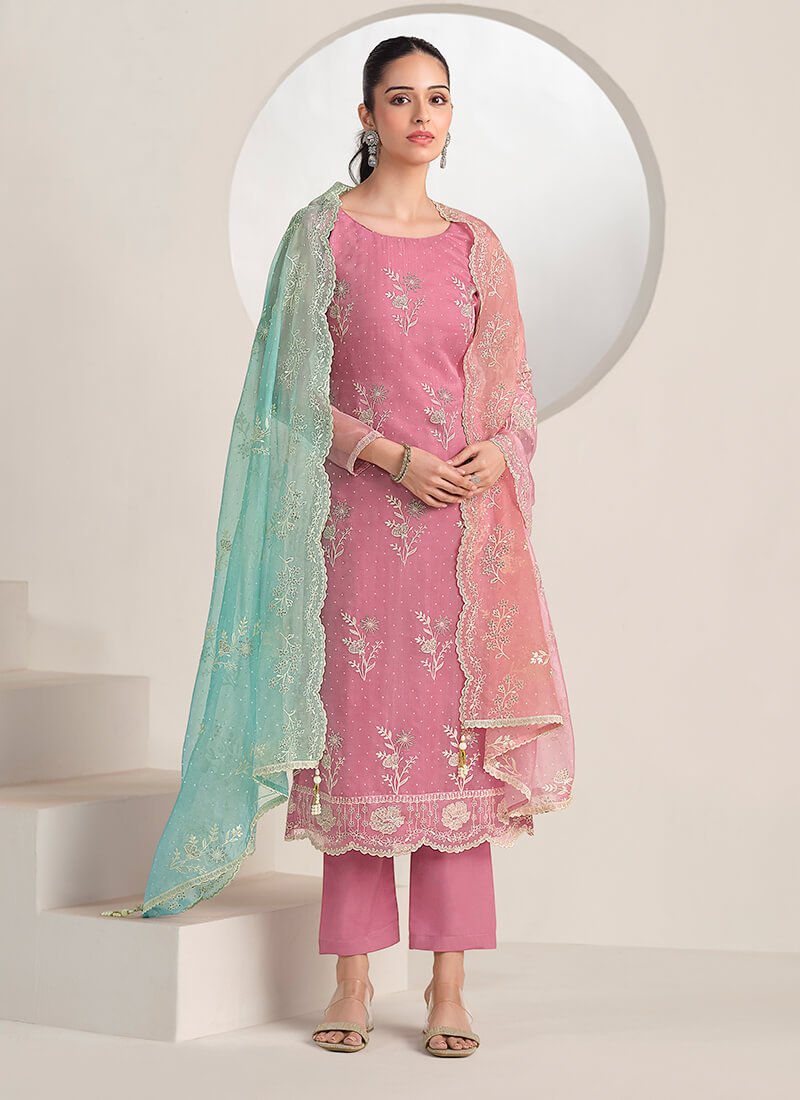 Add sparkle to your look with a Pink Embroidered Organza Semi-Stitched Salwar Kameez Set.