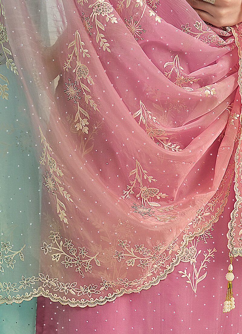 Add sparkle to your look with a Pink Embroidered Organza Semi-Stitched Salwar Kameez Set. image 3
