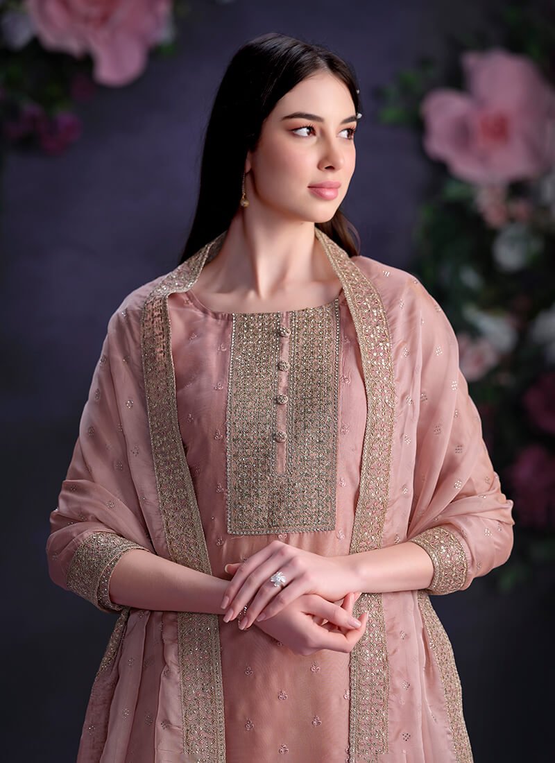 Enhance Your Look with a Pink Shimmer Organza Semi-Stitched Salwar Kameez Set with Embroidery image 2